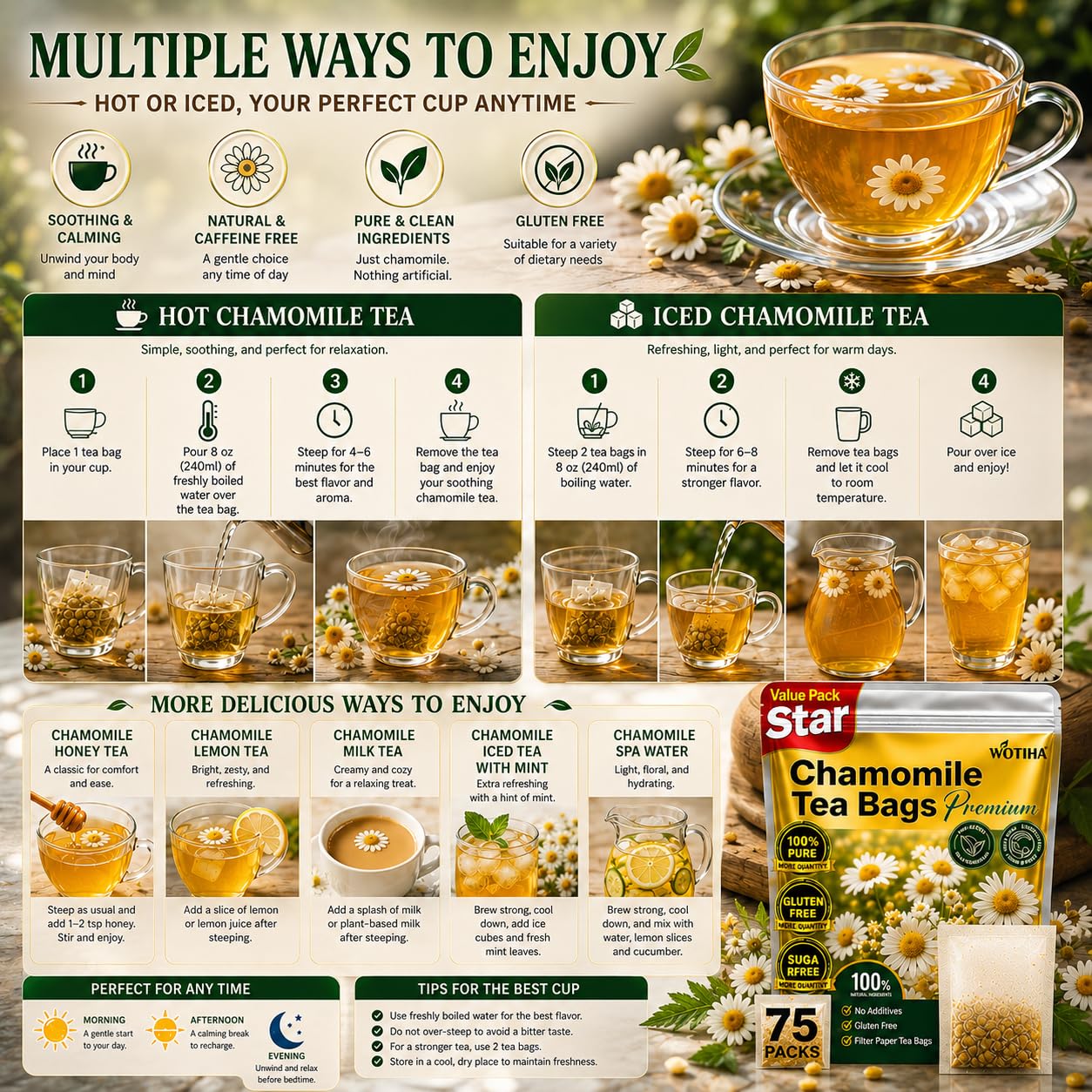 WOTIHA Chamomile Tea Bags, Pure Chamomile Flowers, Caffeine-Free, 75 Count | Chamomile flower herbal tea for evening and bedtime routines; caffeine-free, sugar-free, additive-free, vegan and Non-GMO.