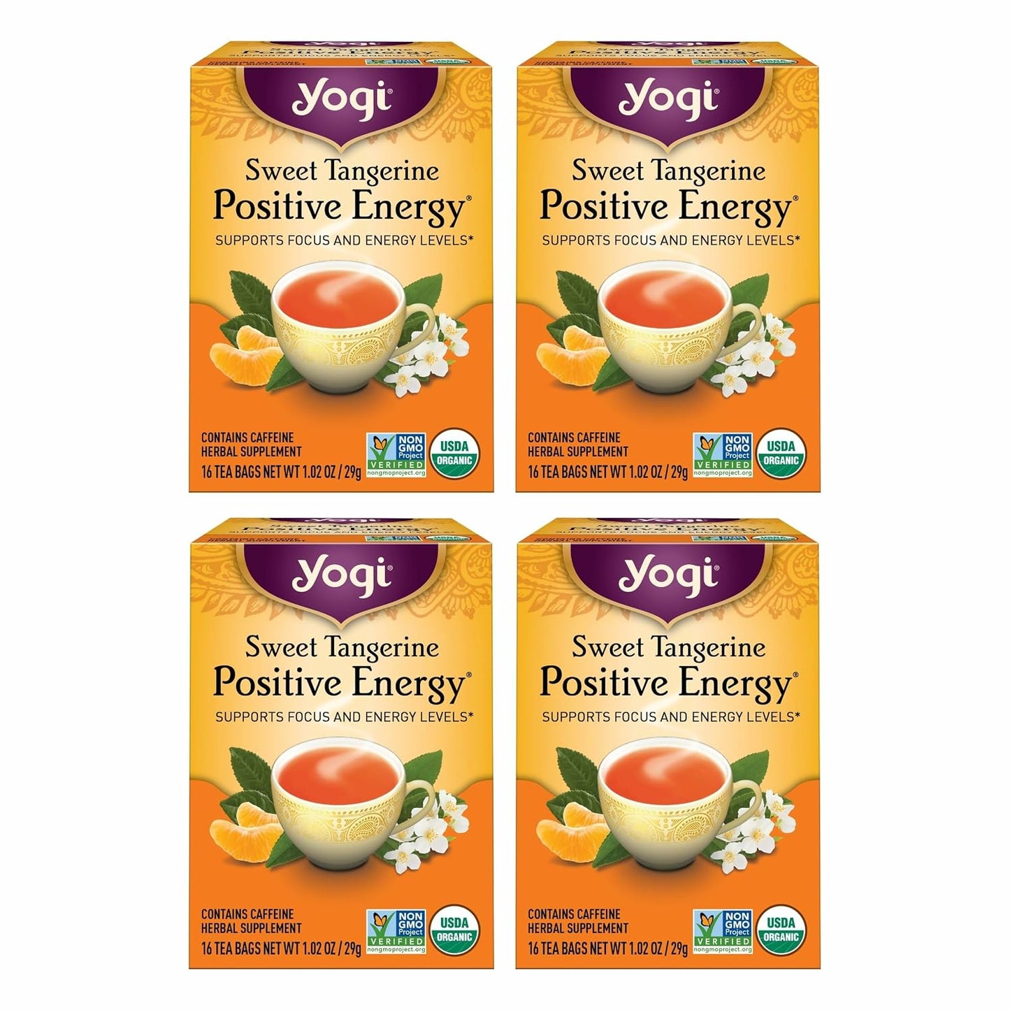 Yogi Sweet Tangerine Positive Energy Tea - 16 Tea Bags per Pack (4 Packs) - Organic Tangerine Energy Tea - Includes Black Tea Leaf, Yerba Mate Leaf