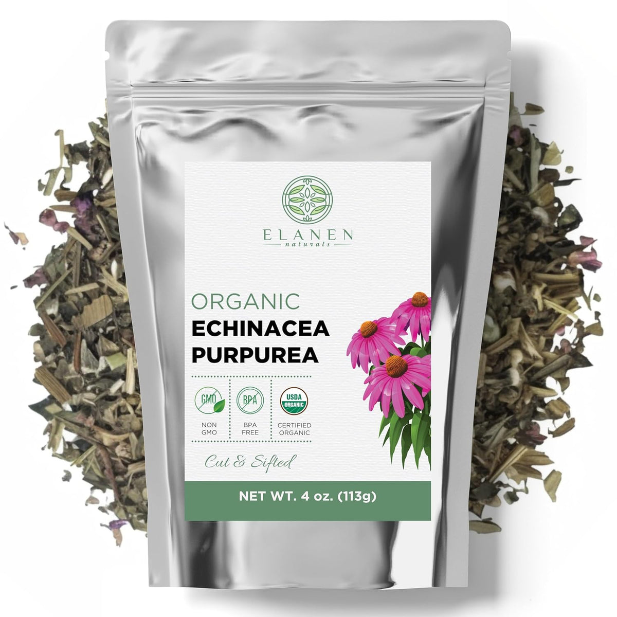 Organic Echinacea Purpurea 4 oz. (113g), USDA Certified Dried Echinacea Tea, Premium Quality Herb, Purple Coneflower, Cut &amp; Sifted