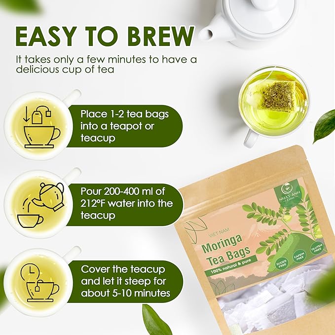 Nhat ANH Farm - Premium Moringa Tea Bags, 40 Tea Bags, 100% Natural Dried Moringa Leaves, Naturally Sweet Herbal Tea, Sugar-Free, Caffeine-Free