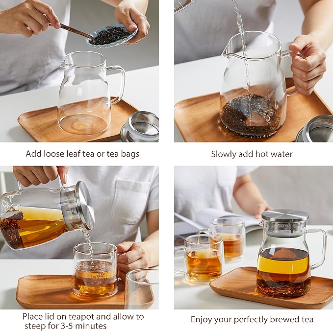 Cnglass One-Touch Glass Teapot, 27oz(800ml) Glass Tea Kettle with Stainless Steel Filter Lid, Stovetop Safe Loose Leaf Tea Maker