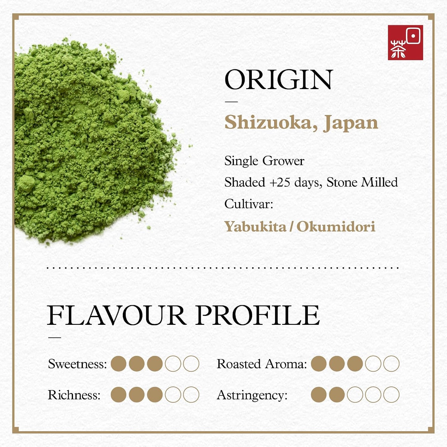 Ocha &amp; Co. Shizuoka Organic Matcha - Ceremonial Grade - ECO JAS Organic Certified - Japanese First-Harvest Matcha Green Tea Powder, Traditionally Stone-Milled, 100g.