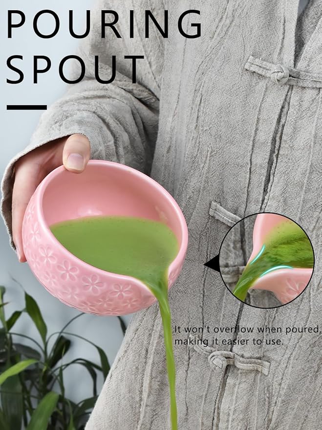 Artcome Matcha Tea Set – Pink Sakura Embossed Ceramic Bowl 17oz with Bamboo Whisk, Whisk Holder, Strainer, Scoop, Tea Spoon, Cloth