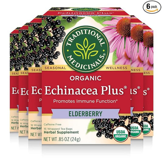 Traditional Medicinals Tea, Organic Echinacea Plus Elderberry, Boosts the Immune System, 96 Tea Bags (6 Pack)