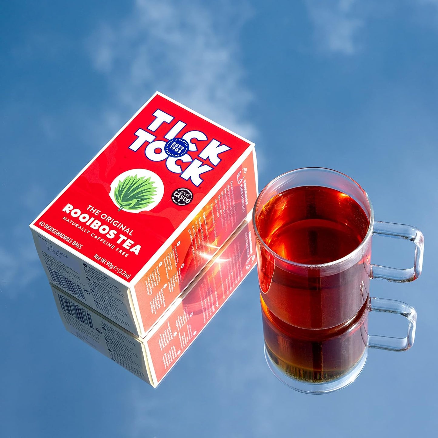 TICK TOCK TEAS Organic Rooibos Tea Bags - Naturally Caffeine Free Red Bush Herbal Tea from South Africa | Smooth &amp; Rich Flavor, Low Tannin, Enjoy Hot or Iced with Milk, Lemon, or Honey - 80 Count