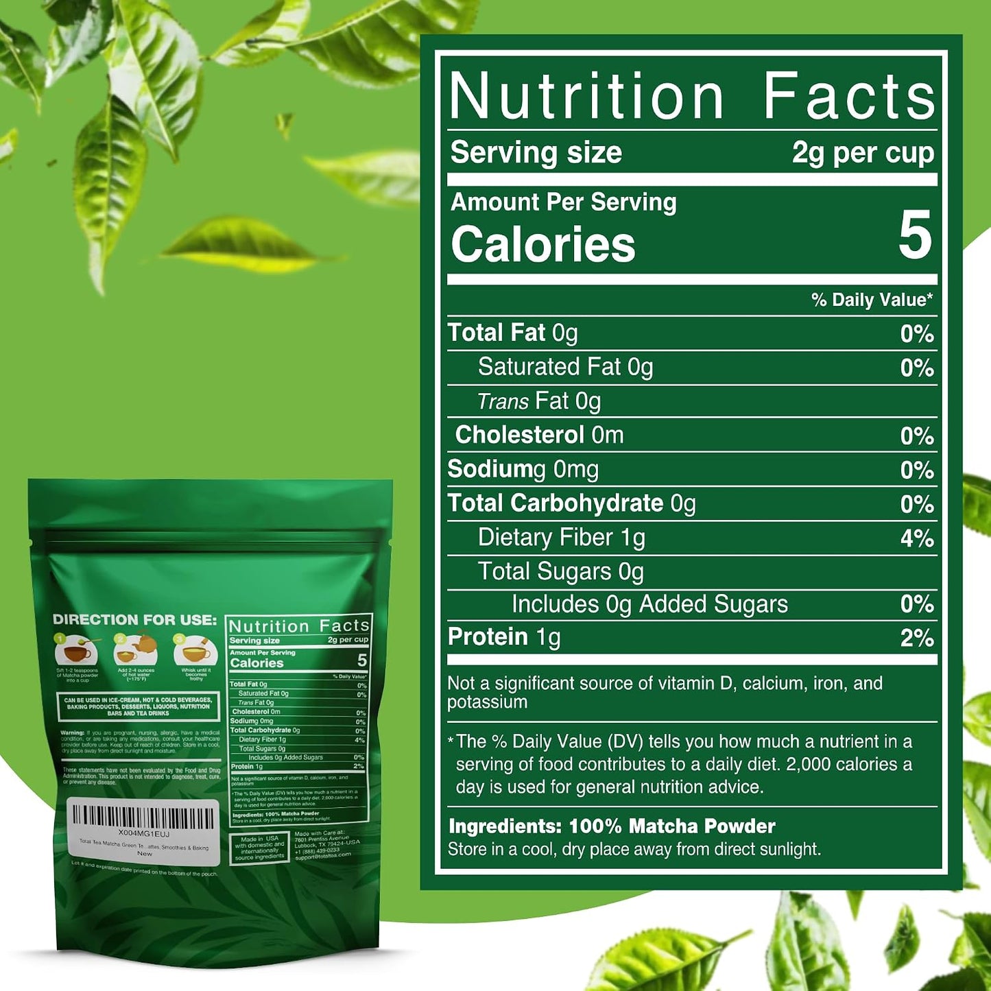 Total Tea USDA Organic Matcha Green Tea Powder 4 Oz Latte Smoothies | Unsweetened Culinary Grade for Baking Morning Energy Antioxidant Rich Non-GMO Bulk Keto Vegan Tea
