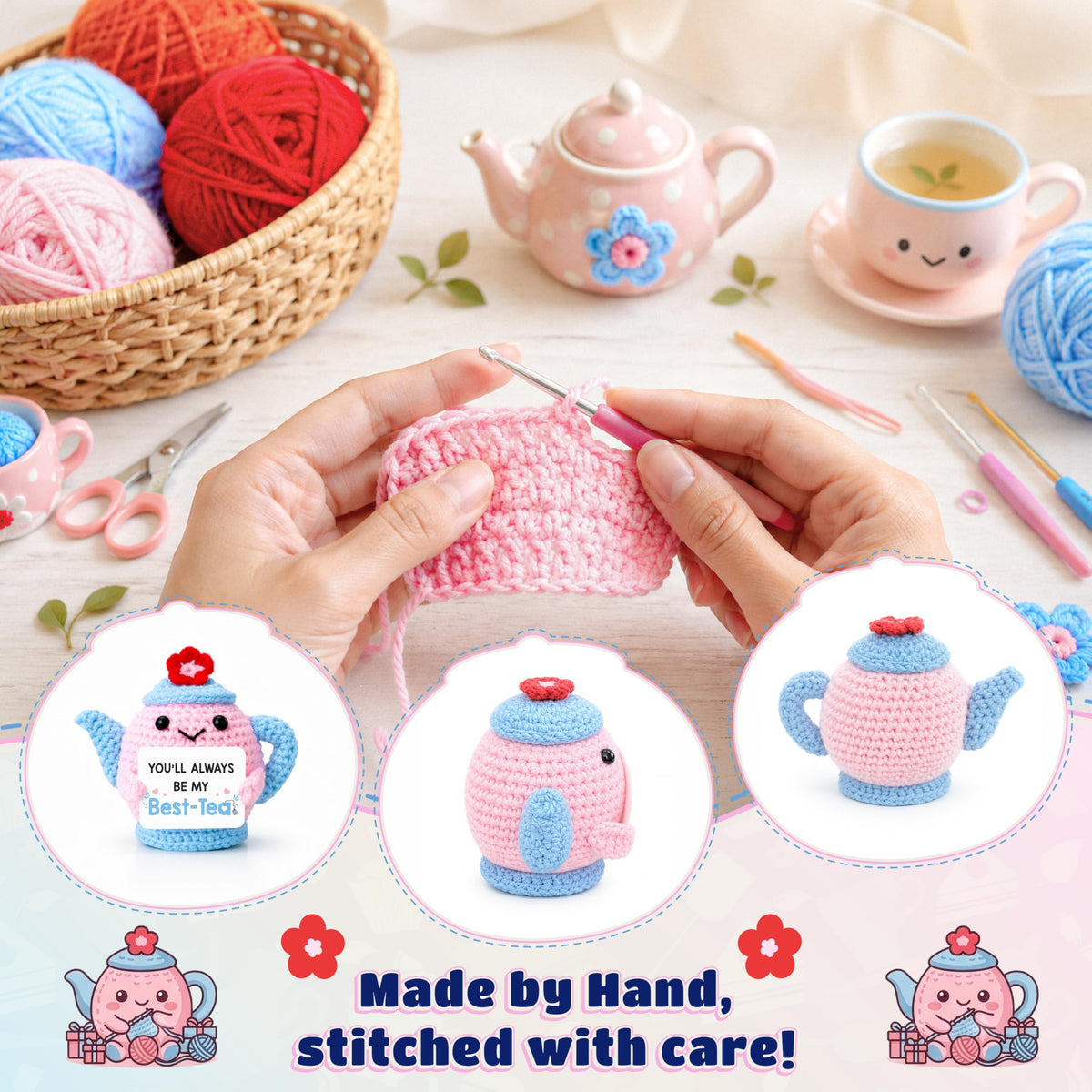 THEGIFTY Best-Tea Friendship Gift for Women Positive Crochet Teapot