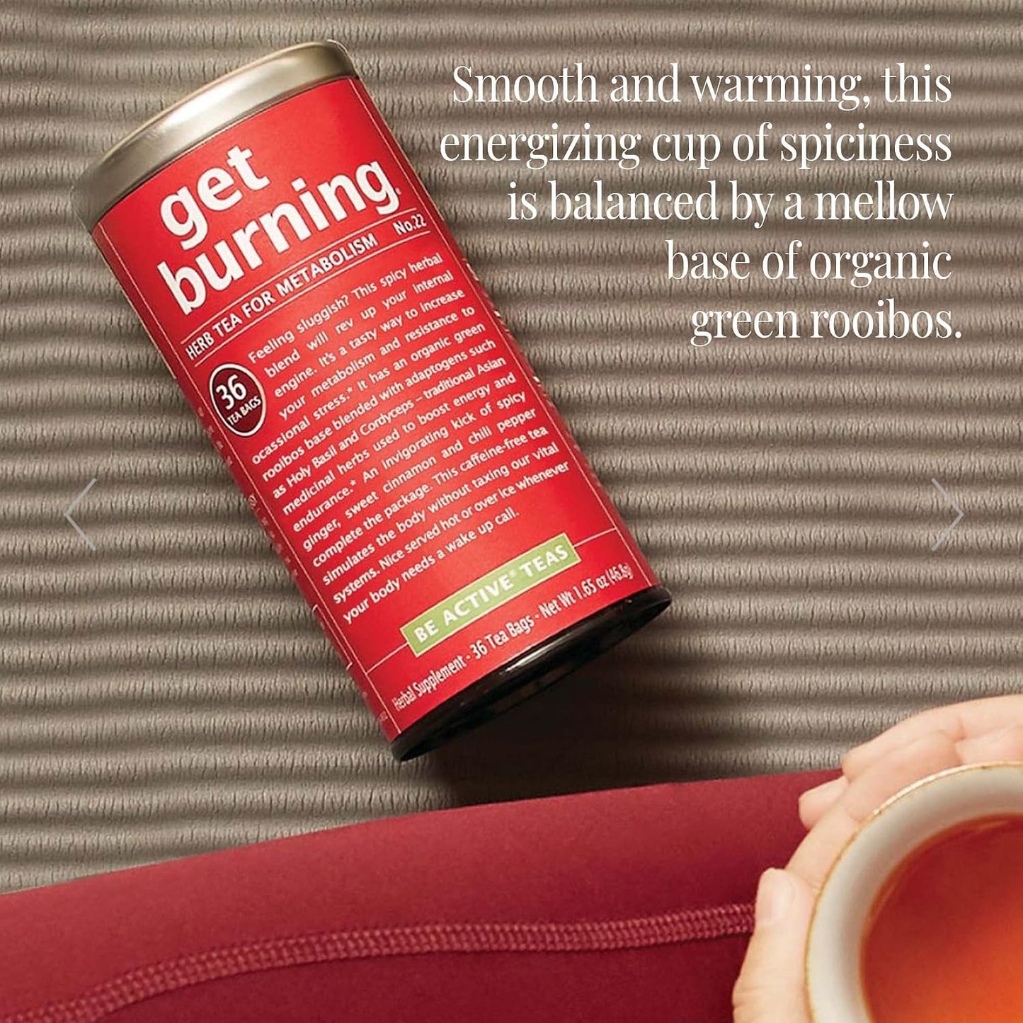 The Republic of Tea Be Well Get Burning Green Rooibos Herbal Tea, 36 Count | Caffeine Free. Suitable for day or evening sipping. Mellow and rounded with notes of warming ginger and baking spice.