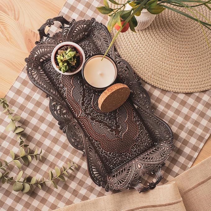 Small Antique Turkish Tea Coffee Serving Tray Table Decor Decorative Handles - Antique Moroccan Home Kitchen Rustic Copper Farmhouse Brass
