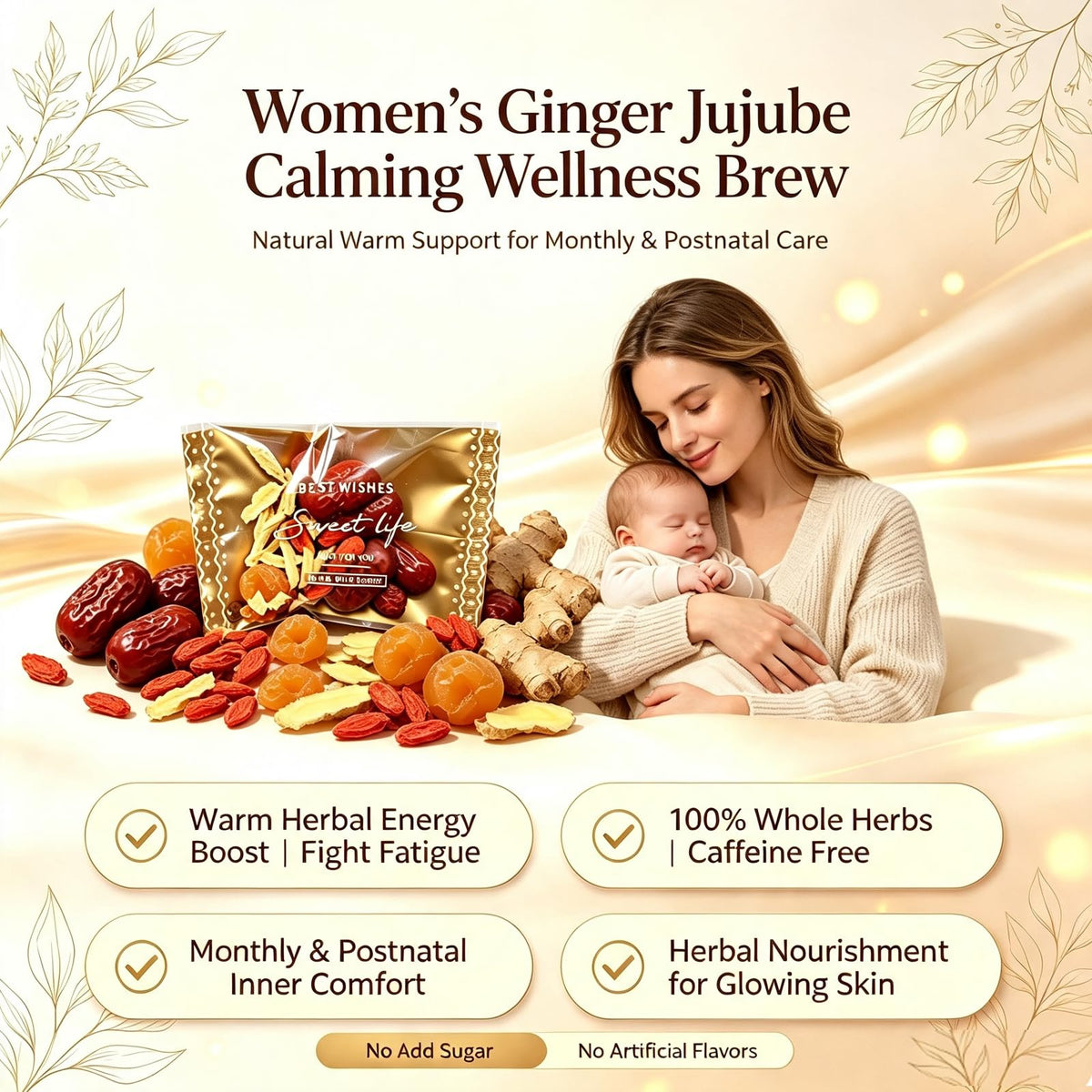 Harbique Organic Ginger Herbal Tea with Jujube(Red Date), Goji Berry & Longan – Caffeine Free Wellness Tea for Women, 25 Ct