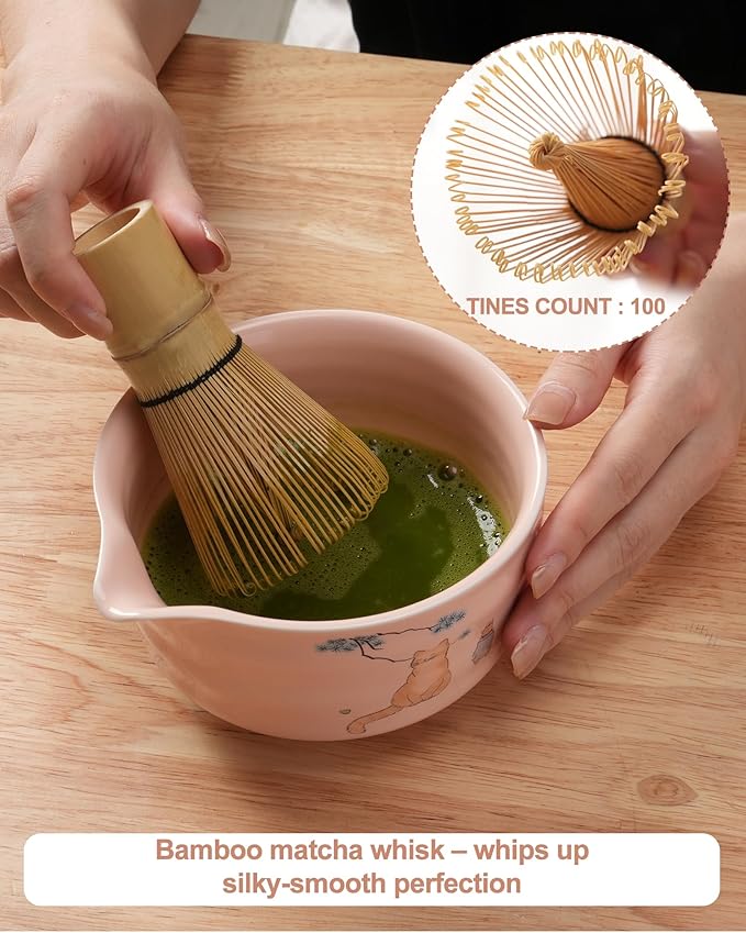 Matcha Whisk Set, Ceramic Matcha Set Includes Matcha Bowl, Matcha Whisk and Holder, Bamboo Scoop, Scoop Rest, Sifter and Tea Towel