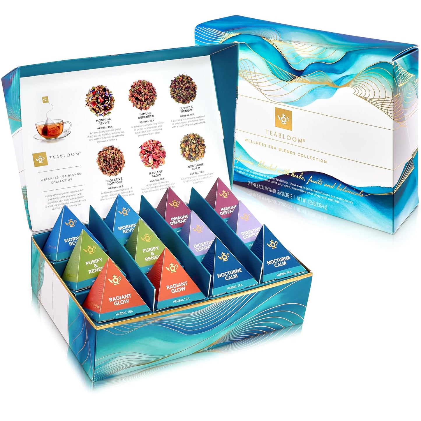 Teabloom Wellness Tea Collection – Fruit & Herbal Assortment with 12 Plant-Based Pyramid Sachets, Organic Ingredients, Elegant Presentation Box
