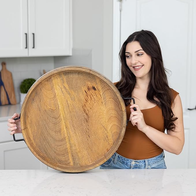 20" Extra Large Round Ottoman Tray, Heavy Duty Mango Wood, for Serving Tea, Breakfast in Bed