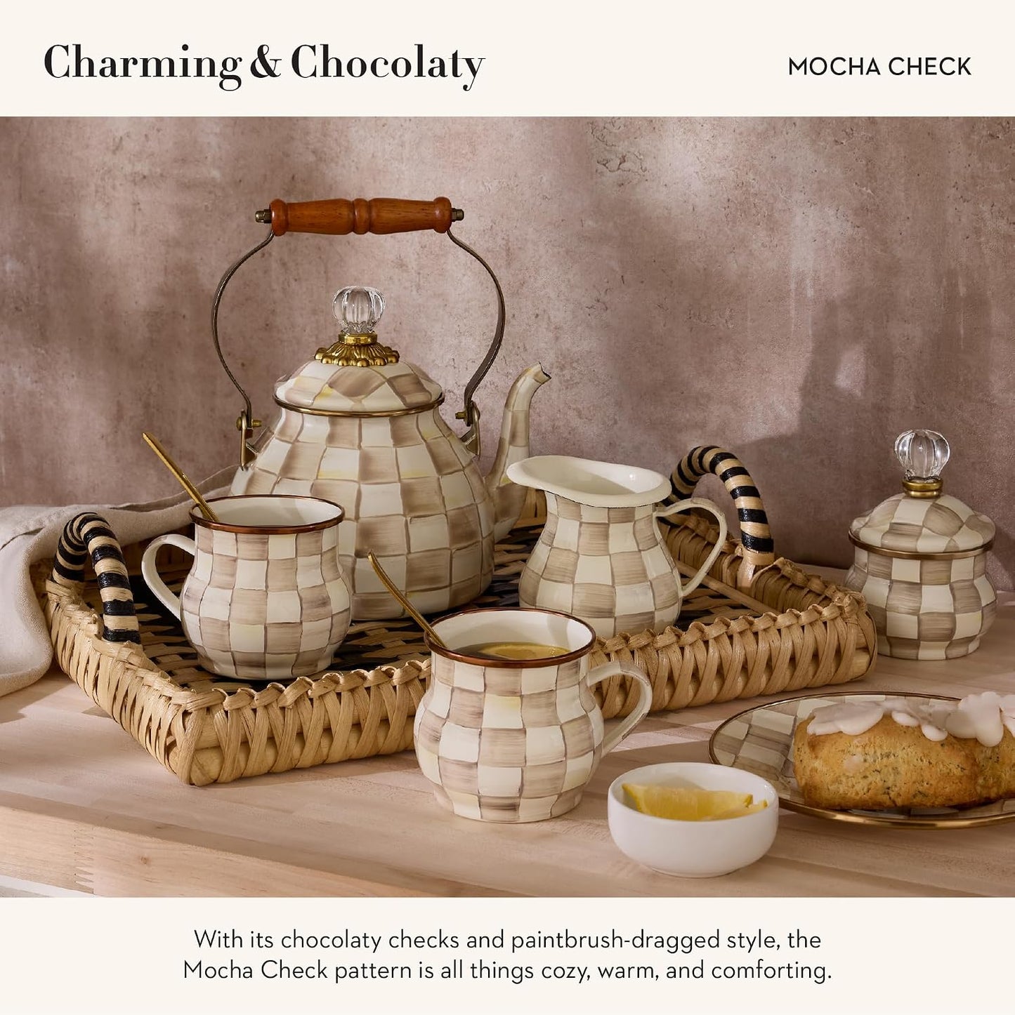 MACKENZIE-CHILDS Enamel Teapot, 4 Cups, Brown-and-White Mocha Check | Hand-painted design, small teapot with lid for steeping and serving tea, 9" W x 7" H