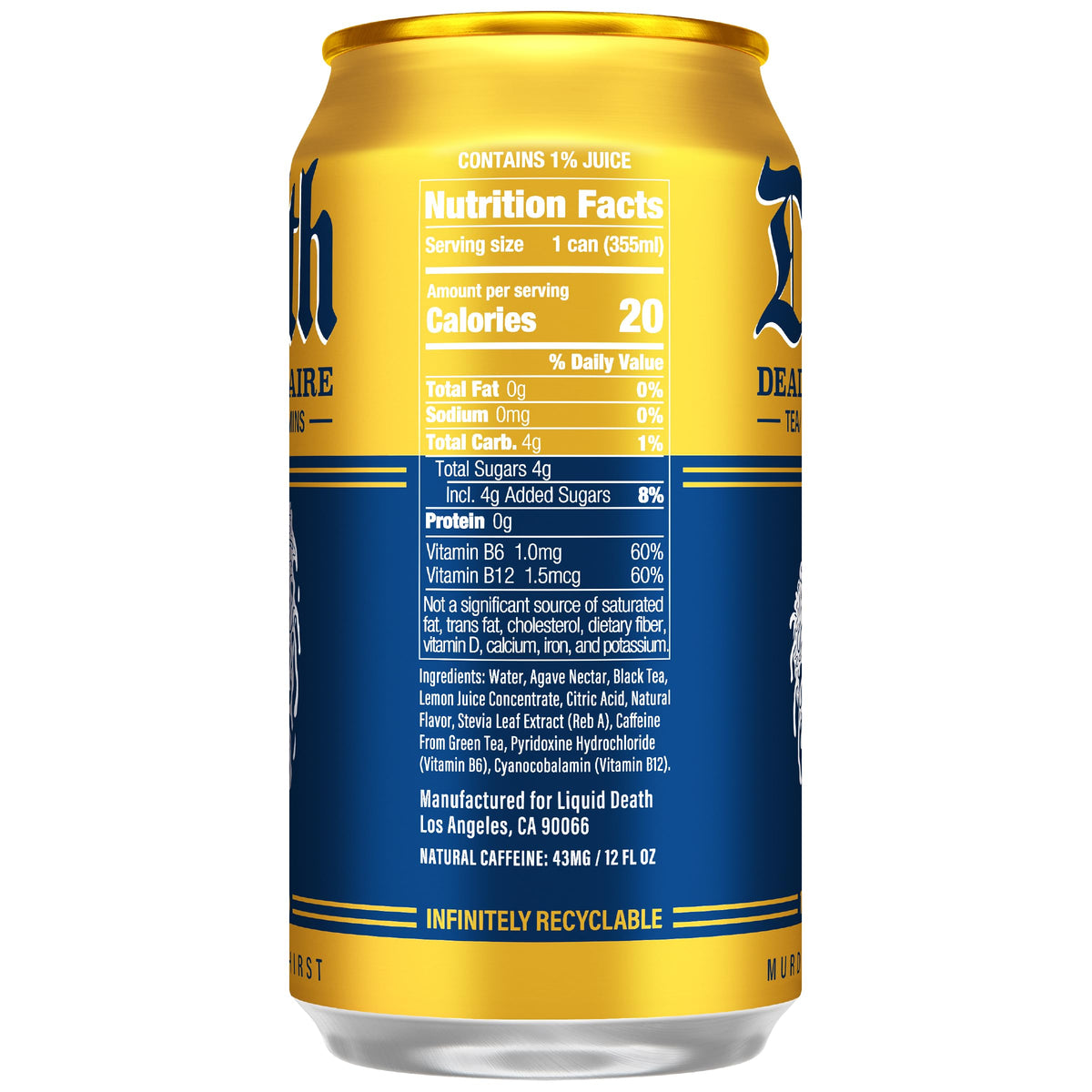 Liquid Death Iced Tea - Dead Billionaire (Black Tea/Lemonade), Less Sugar*, Boost of Caffeine, B Vitamins, No Artificial