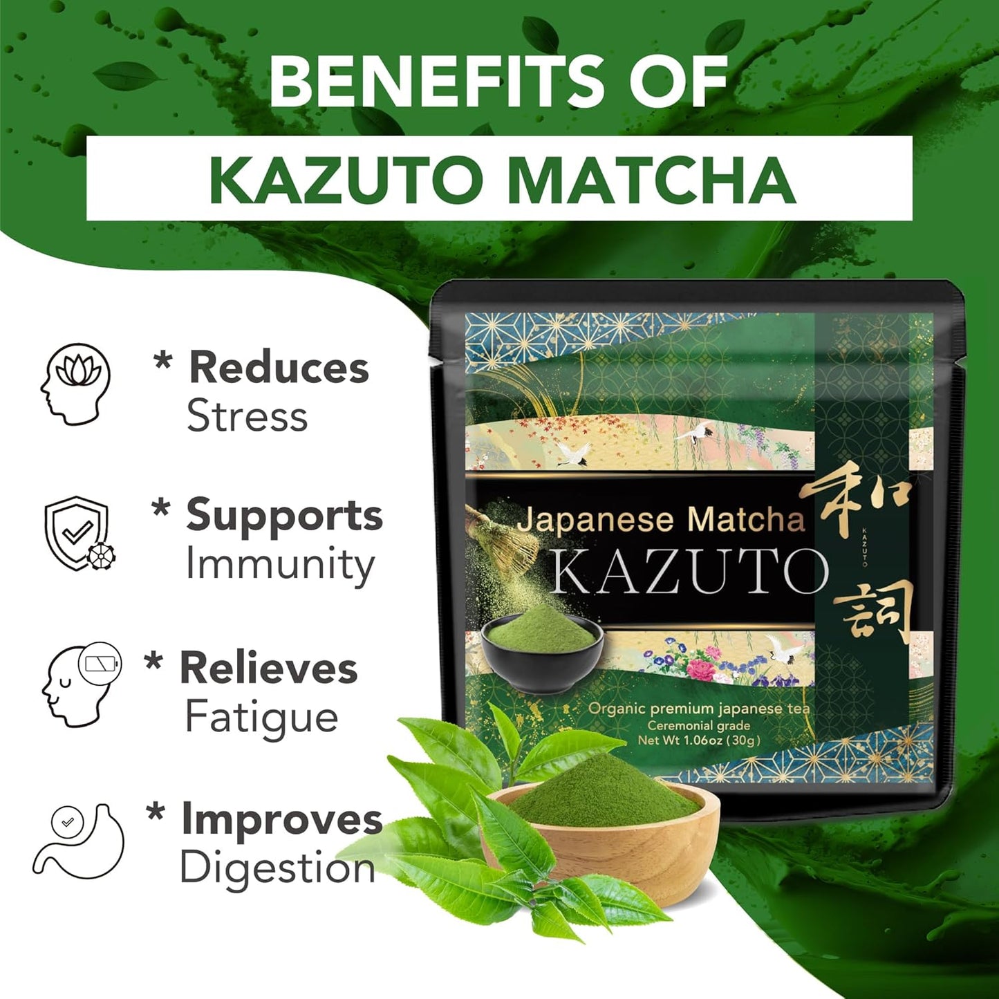 Kazuto Imperial Ceremonial Grade Matcha Green Tea Powder - Premium First Harvest Single Origin USDA Organic Gluten-Free Vegan, 100% Pure Unsweetened No Additives from Shizuoka 1.06oz