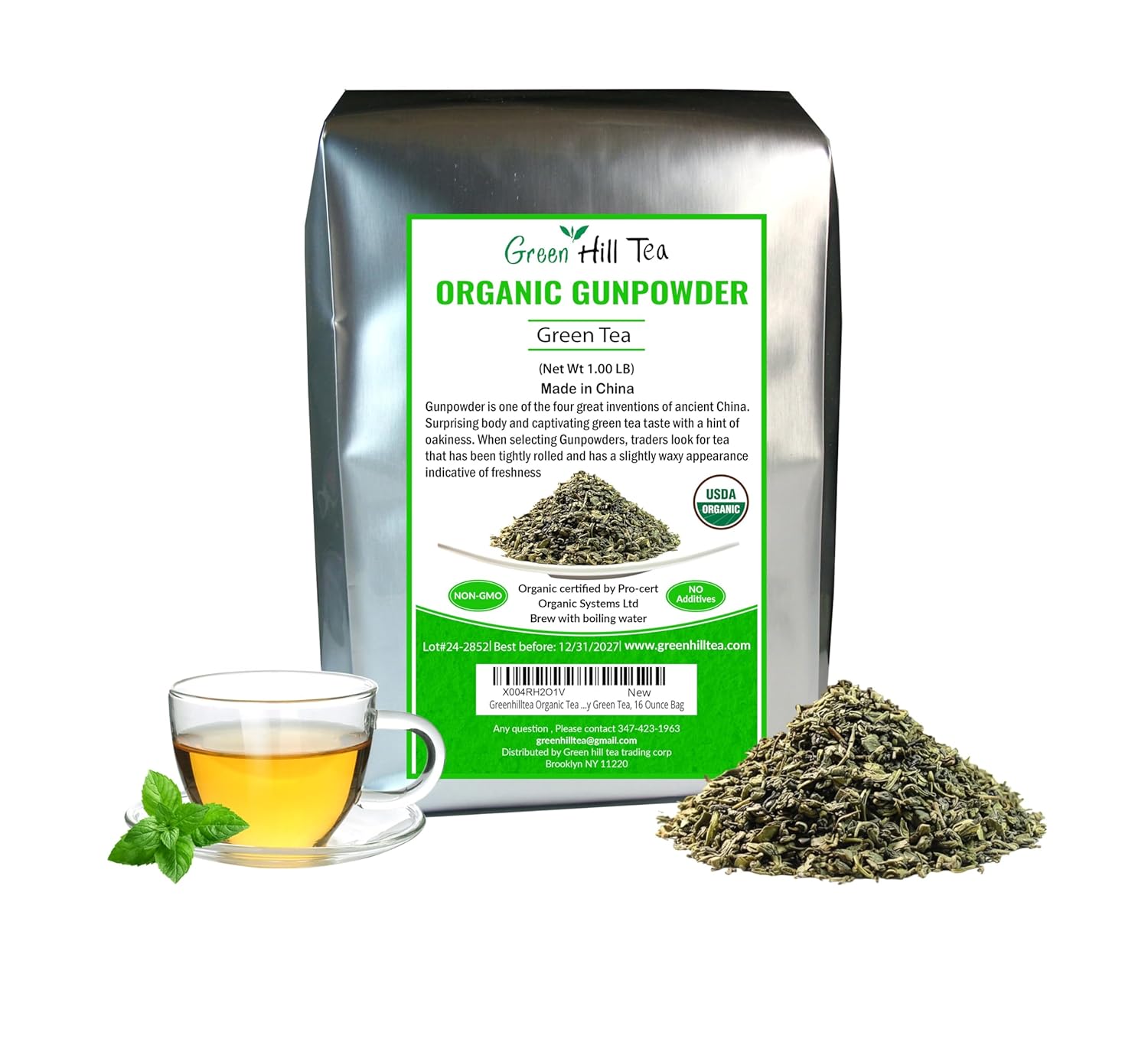 Greenhilltea Tea Green Tea, Full Leaf, Loose Leaf, Full Body Green Tea, 16 Ounce Bag