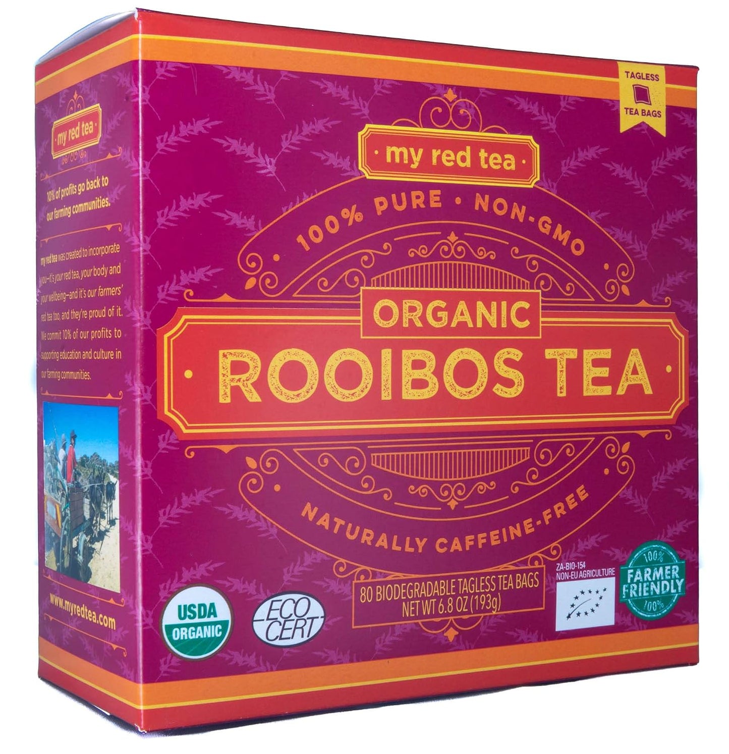 My Red Tea Organic Rooibos Tea Bags - 80 Count - South African Red Bush Tea - USDA Organic, Caffeine Free, Single Origin &amp; Sustainably Farmed - 200g