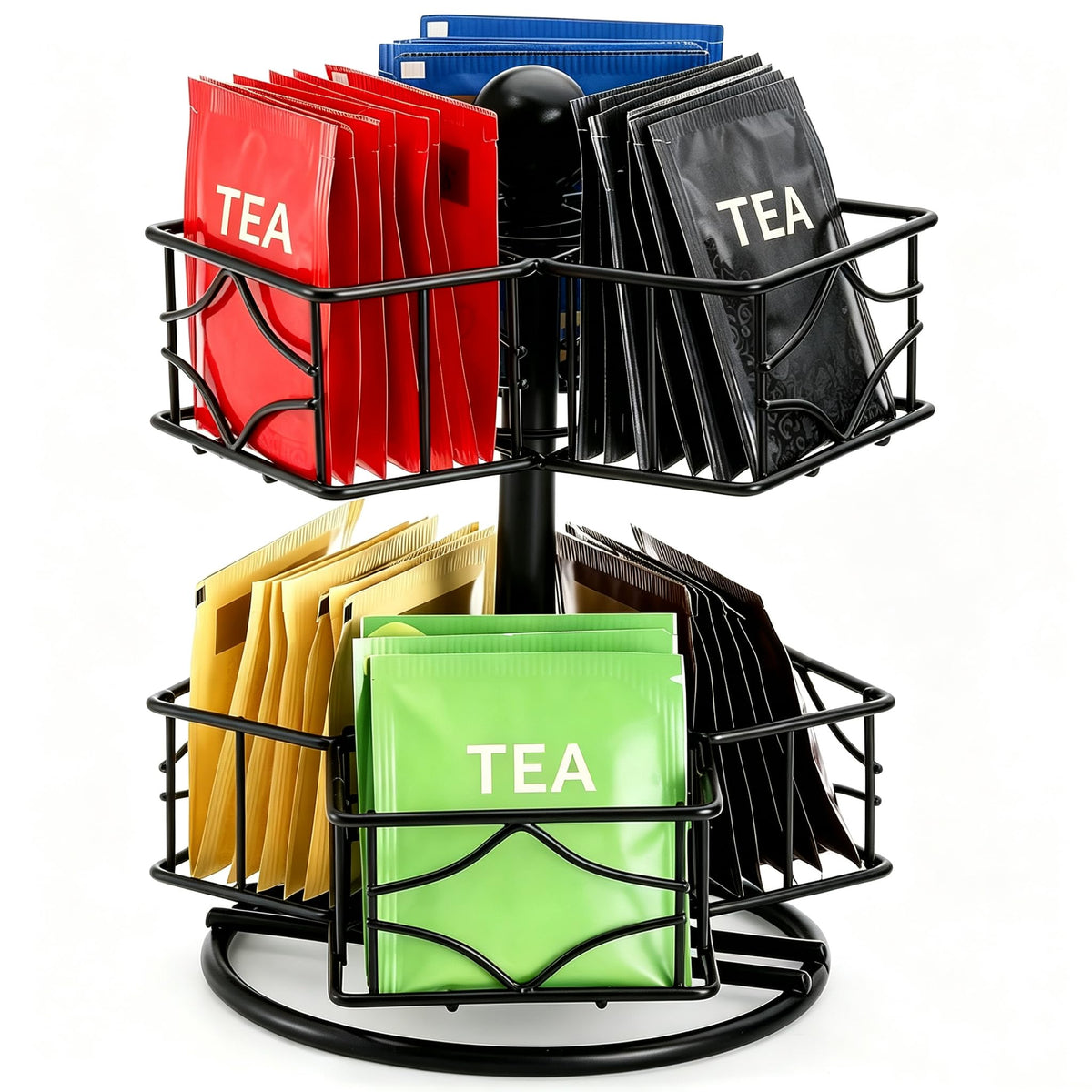 Frcctre Tea Bag Organizer, 360 Degree Tea Bag Spining Carousel Organizer with 6 Compartments, Lazy Susan Sugar Coffee Creamer