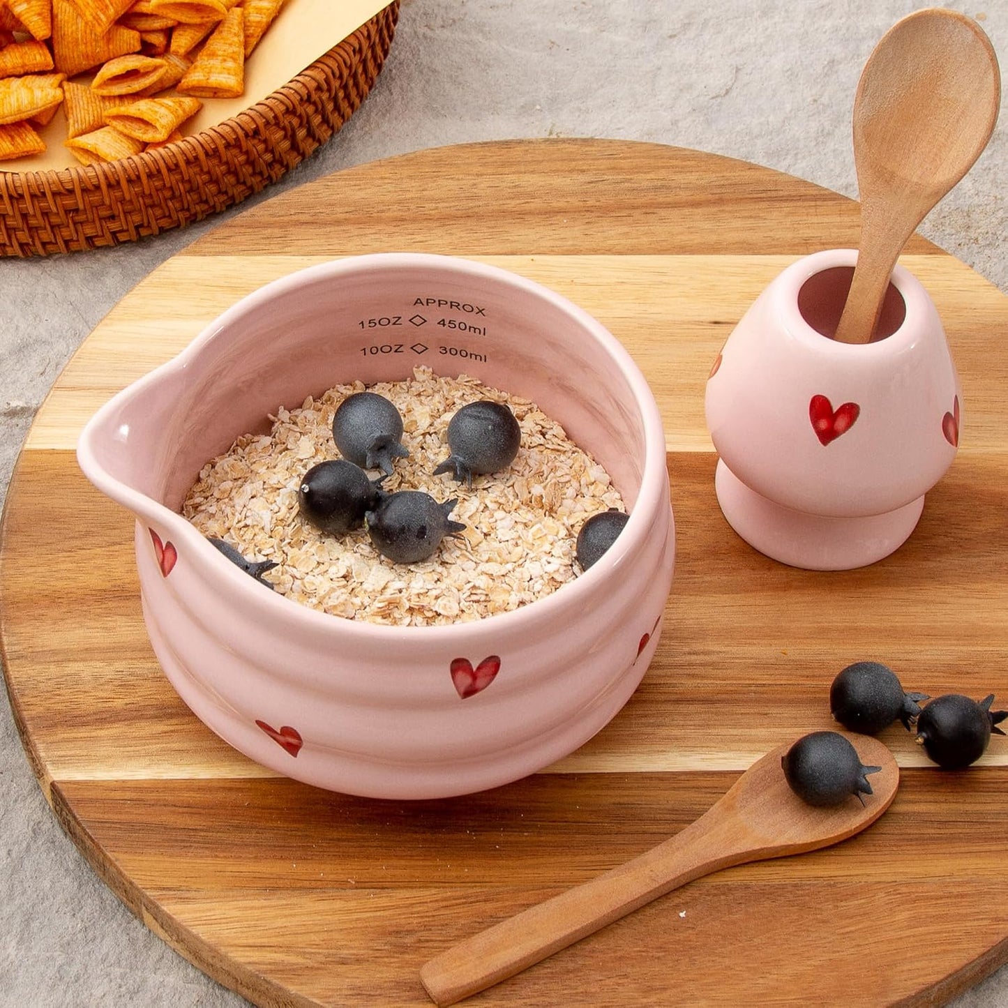 Ceramic Matcha Bowl with Bamboo Whisk Holder, Pink Love, Set of 2 | 16.5OZ Bowl with Spout and Measurement Marks, Japanese Tea Mixing Bowl with Whisk Stand, Matcha Gift Set, Ideal Gift Choice