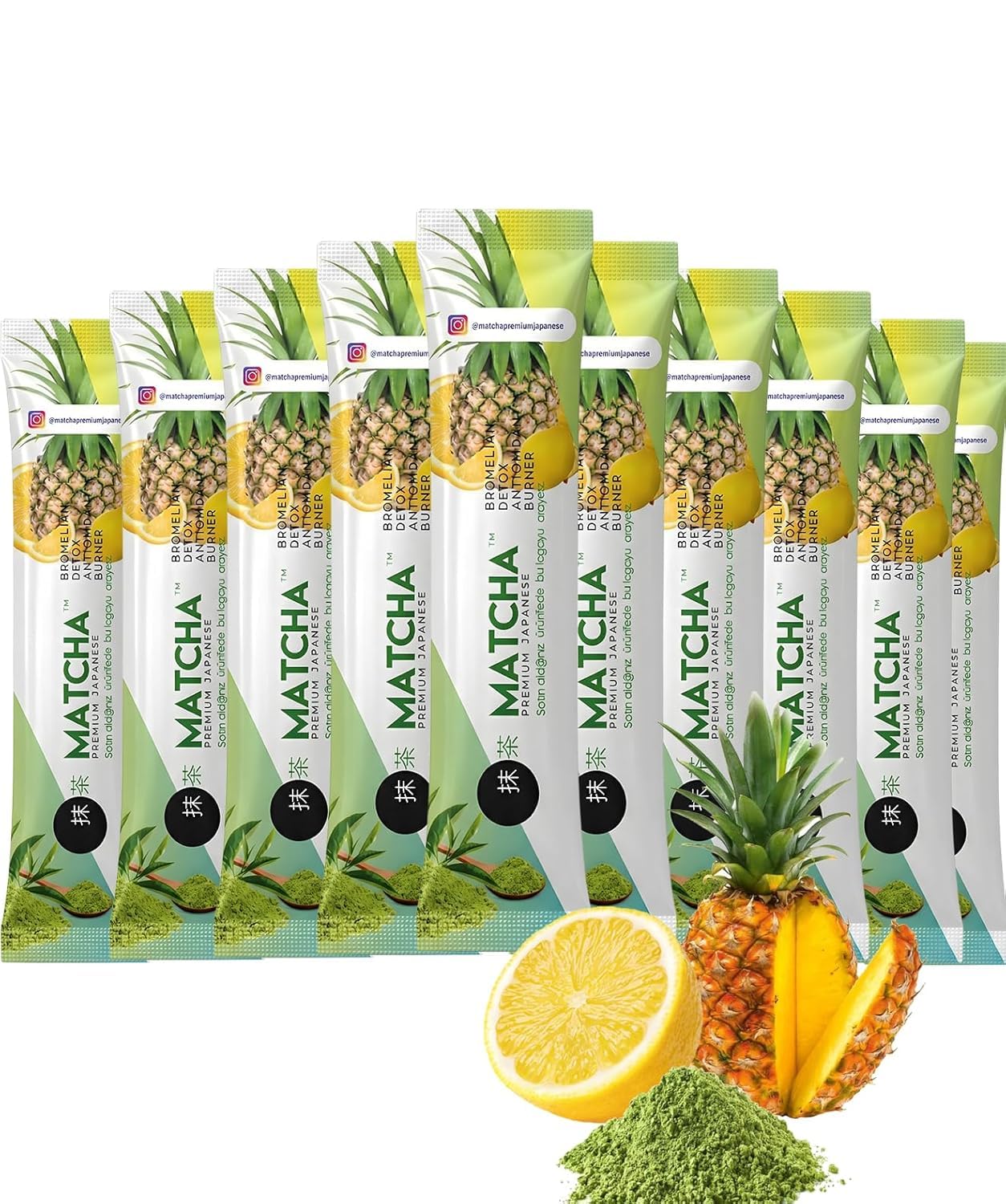 Premium Japanese Matcha Pineapple & Lemon Energy Drink Mix – 10 Single Serve Packets (8g) – Organic Matcha Green Tea with Bromelain – Smooth Citrus Flavor, Rich in Antioxidants - Bonus 1 Pk Matcha Chocolate Included