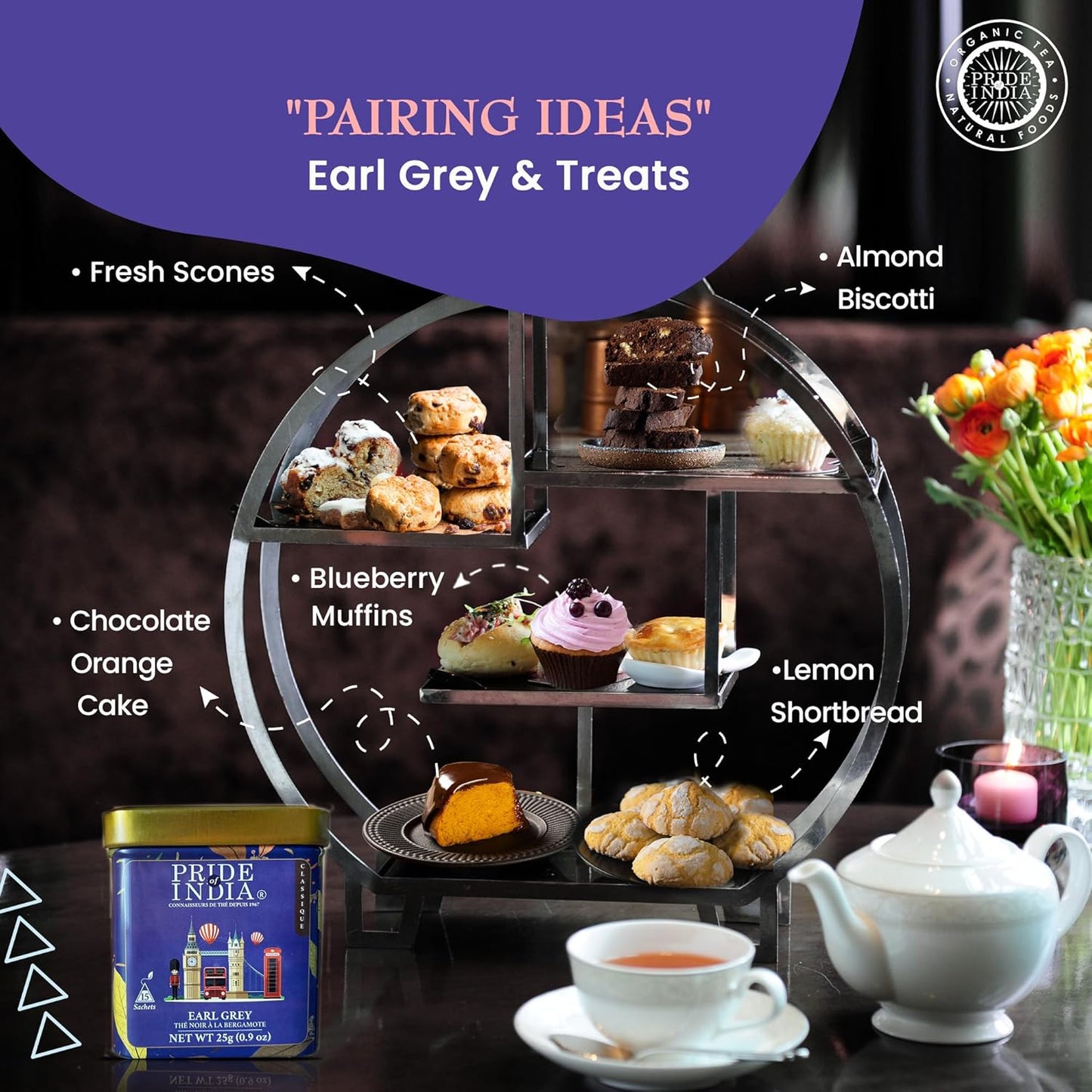 Pride of India Earl Grey Bergamot Black Tea 25g (0.9 oz) – 15 Tea Bags Individually Wrapped | Full Leaf Assam Black Tea for Hot or Iced Drinks | Citrus Flavor, High Caffeine & Single Estate Certified Tea