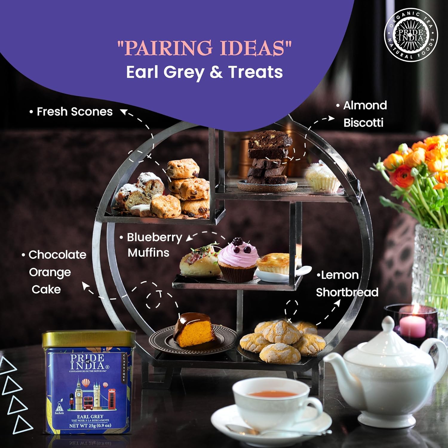 Pride of India Earl Grey Bergamot Black Tea 25g (0.9 oz) – 15 Tea Bags Individually Wrapped | Full Leaf Assam Black Tea for Hot or Iced Drinks | Citrus Flavor, High Caffeine & Single Estate Certified Tea