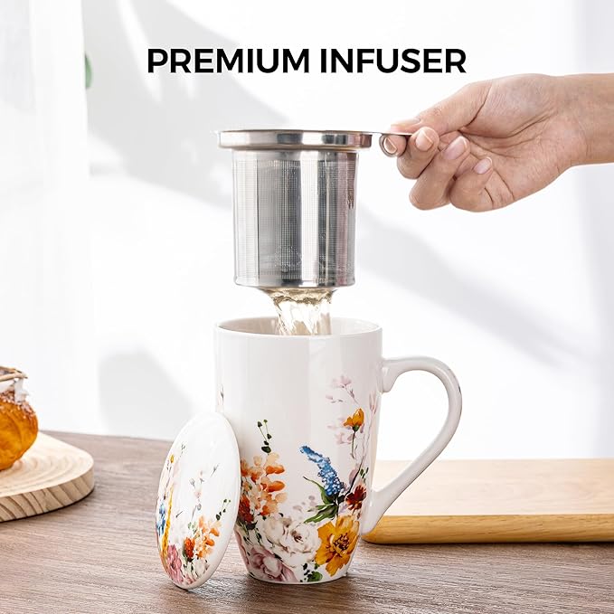 Gbhome Tea Mug with Infuser and Lid, 18 Ounce Large Ceramic Loose Leaf Tea Cup, Microwave, Dishwasher Safe Tea Steeping Mug