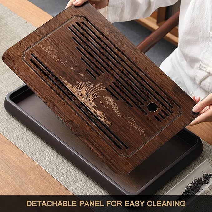 Ufine 15 Inch Bamboo Gongfu Tea Tray with Water Storage Drainage Chinese Kung Fu Tea Serving Tray Tea Table Box Gift Set