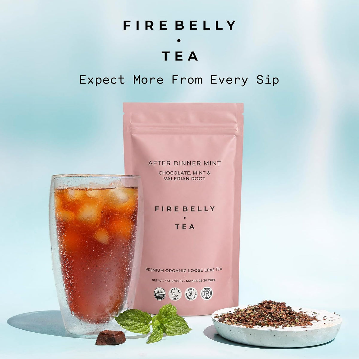 Firebelly Tea After Dinner Mint, Organic Chocolate &amp; Mint Tea with Valerian Root, Loose Leaf Herbal Tea, Caffeine-Free, Chocolate Mint Tea for Your Evening Routine, 3.5 oz, Pack of 1