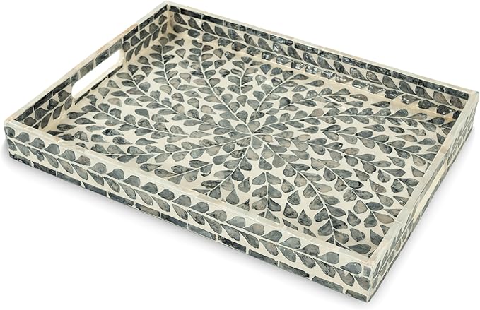 CLAYNIX Serving Tray 15.7" X11.8", Lacquer Mother of Pearl Inlay Mosaic Tray, Rectangle Wooden Marble Tray with Handles Trays for Tea, Breakfast in Bed, Table (Black Leaf)