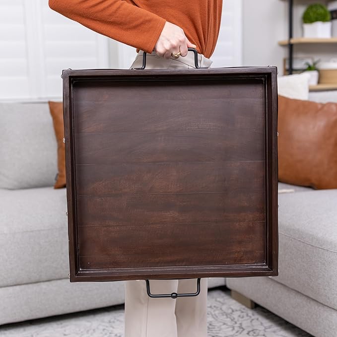 20"x20" Extra Large Square Ottoman Tray, Heavy Duty Mango Wood, for Serving Tea, Breakfast in Bed