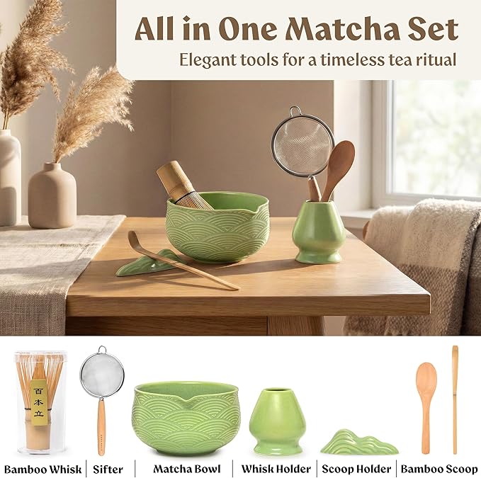 Matcha Kit Whisk Set (7 Pcs) - Complete Matcha Set, Matcha Bowl with Spout, Whisk with Holder, Bamboo Scoop with Rest and Sifter