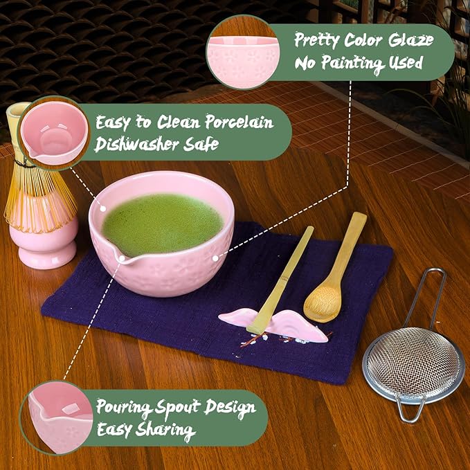 Matcha Whisk Set Pink, 8Pcs Matcha Set Kit include Matcha Bowl, Matcha Whisk and Holder, Bamboo Scoop, Scoop Rest, Sifter and Tea Towel