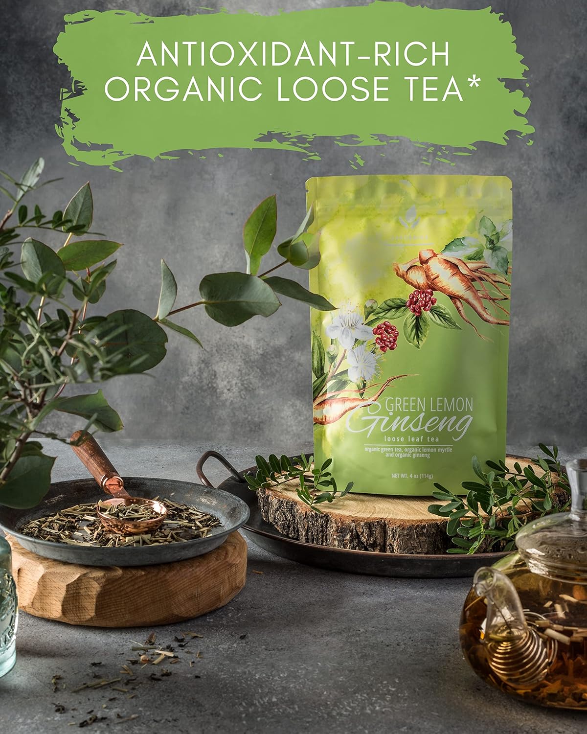 Gardenika Organic Green Loose Leaf Tea with Tulsi, Cloves and Cinnamon – Kosher, No Natural or Artificial Flavors – 4 oz (Ginseng Green)