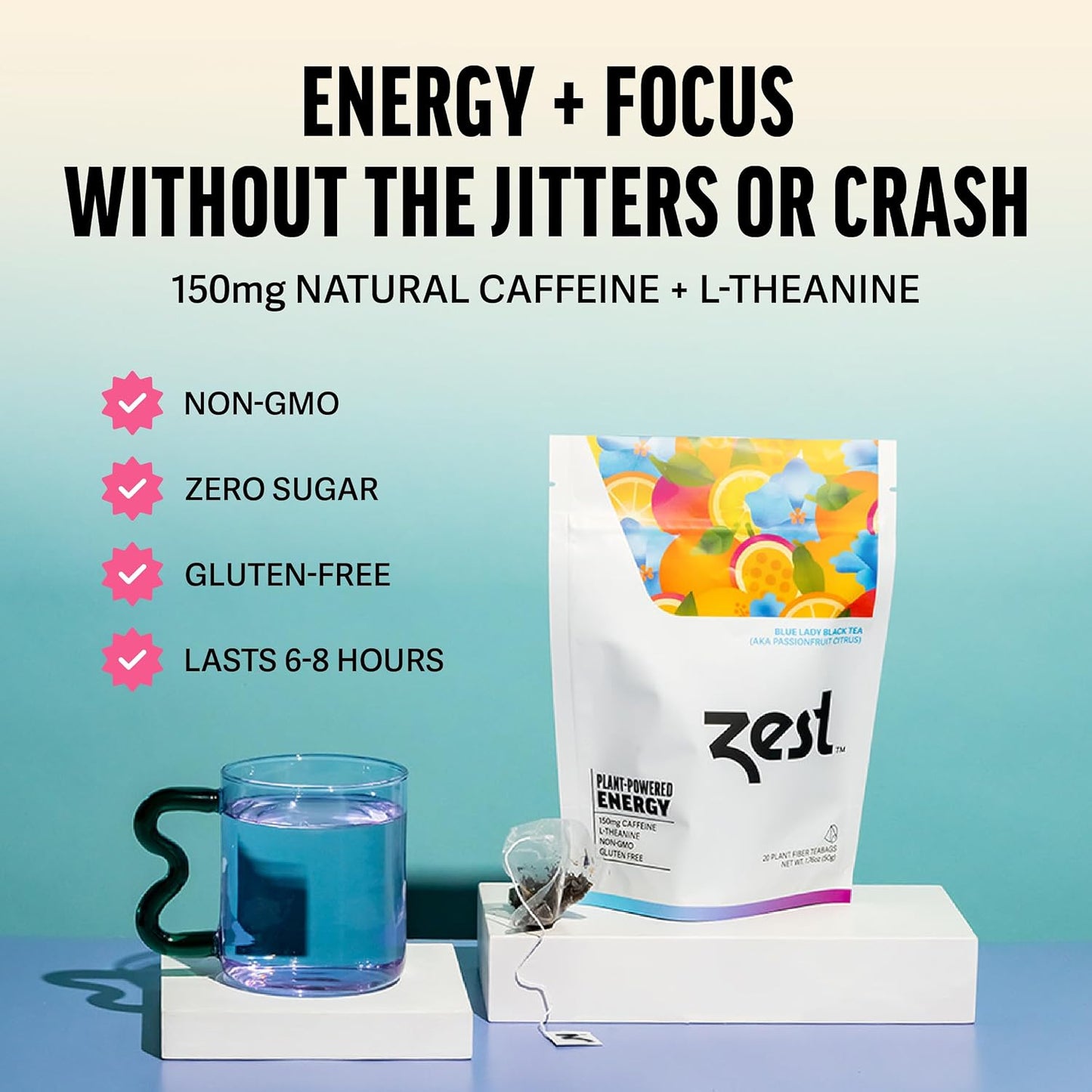 Zest Energy Tea Bags – Blue Lady Passion Fruit Black Tea – High Caffeine Tea for Morning Energy, Focus &amp; Clarity – Natural Caffeinated Tea with 150mg Caffeine – 20Ct Pack – Non-GMO &amp; Keto Friendly
