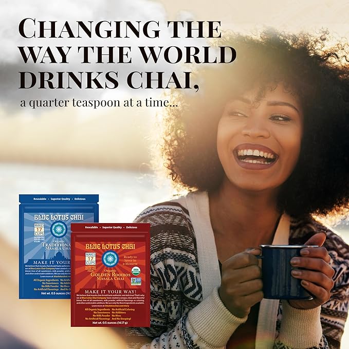 Blue Lotus Chai - Golden Rooibos Flavor Masala Chai - Makes 17 Cups - 0.5 Ounce Masala Spiced Chai Powder with Organic Spices - Instant Indian Tea No Steeping - No Gluten