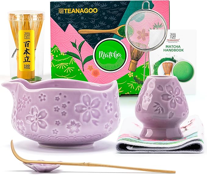 TEANAGOO 7-PCS Purple Matcha Whisk Set with Cherry Blossom Design, Complete Ceremony Kit, Ceramic Ch