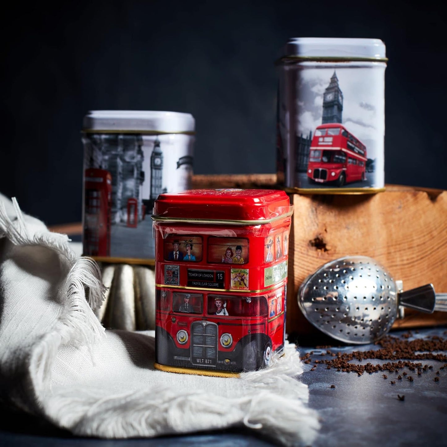 New English Teas Best of British Tea Collection - 6 Iconic London Tins Gift Set (Bus, Big Ben, Phone Box, Post Box) - 4.7oz Loose Leaf English Tea