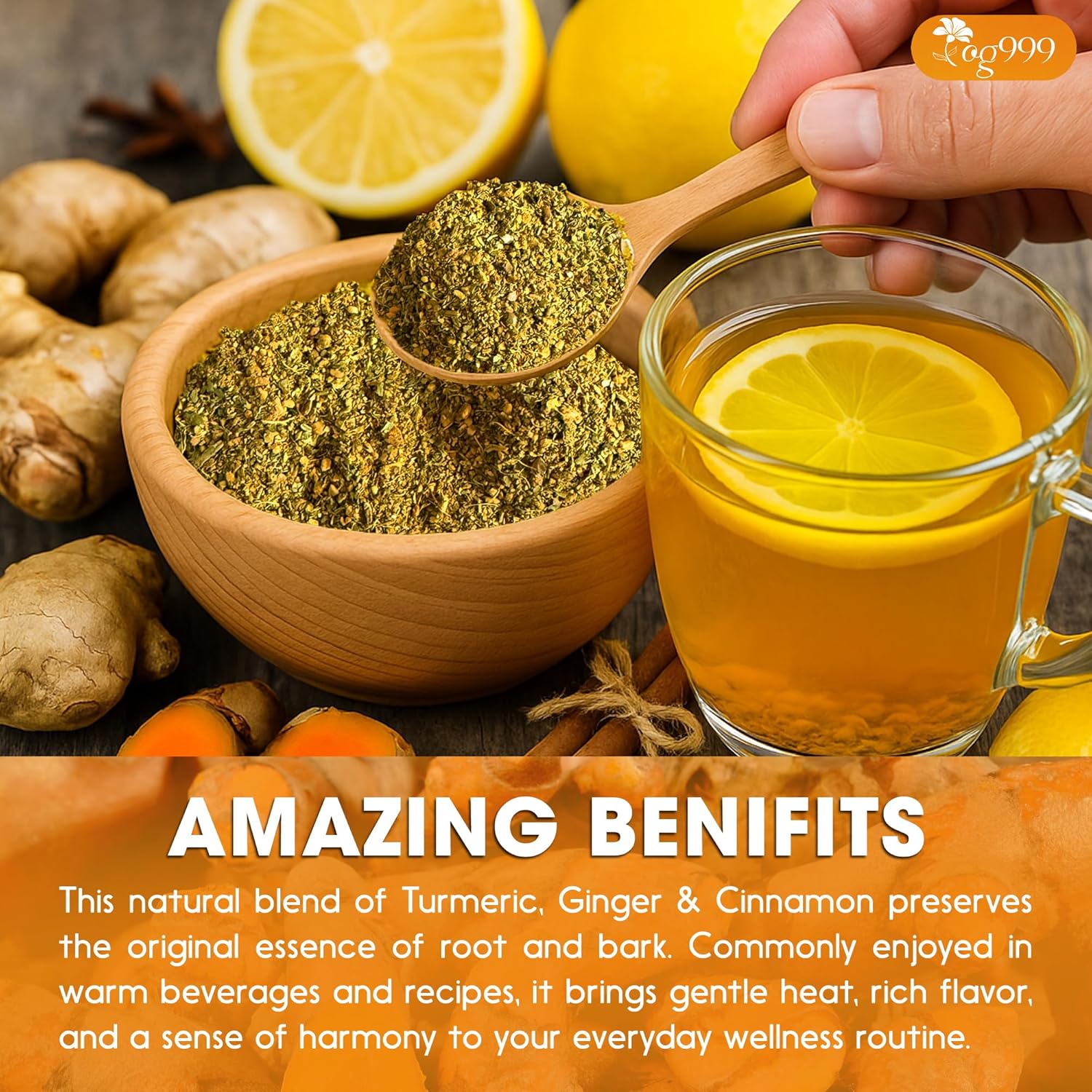 TOG999, Premium 12oz Ginger Turmeric Cinnamon Loose Leaf Herbal Tea. Improve Digestion, Support Brain, Weight, Skin and Sleep. Premium Quality Spiced Blend. No Sugar, No Caffeine, No Gluten, Vegan.