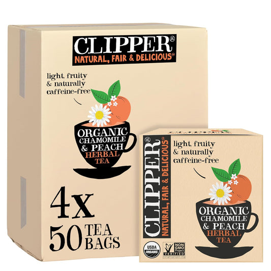 Clipper Organic Chamomile &amp; Peach Herbal Tea, 4 pack / 200 Tea Bags | Naturally caffeine free herbal tea in unbleached tea bags, USDA Organic, Non-GMO approved