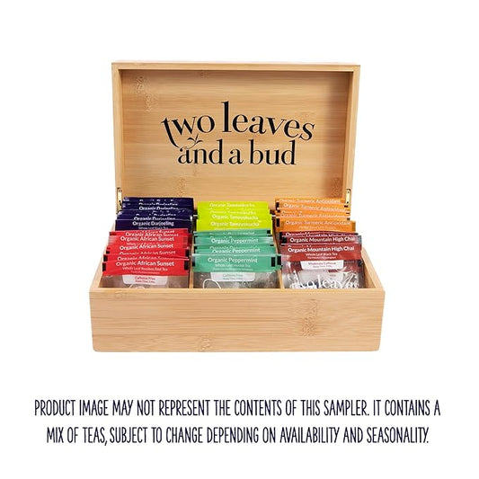 Two Leaves and a Bud Organic Tea Sampler in 6-Slot Bamboo Presentation Box - Filled Gift Box with Tea Assortment of Green, Black, and Herbal Teas