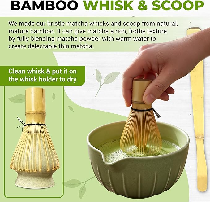 Matcha Whisk Set with Matcha Bowl - Matcha Set Included Electric Frother, Bamboo Whisk, Matcha Spoon, Bamboo Holder, Sifter, Spoon Stand (Mottled Green)