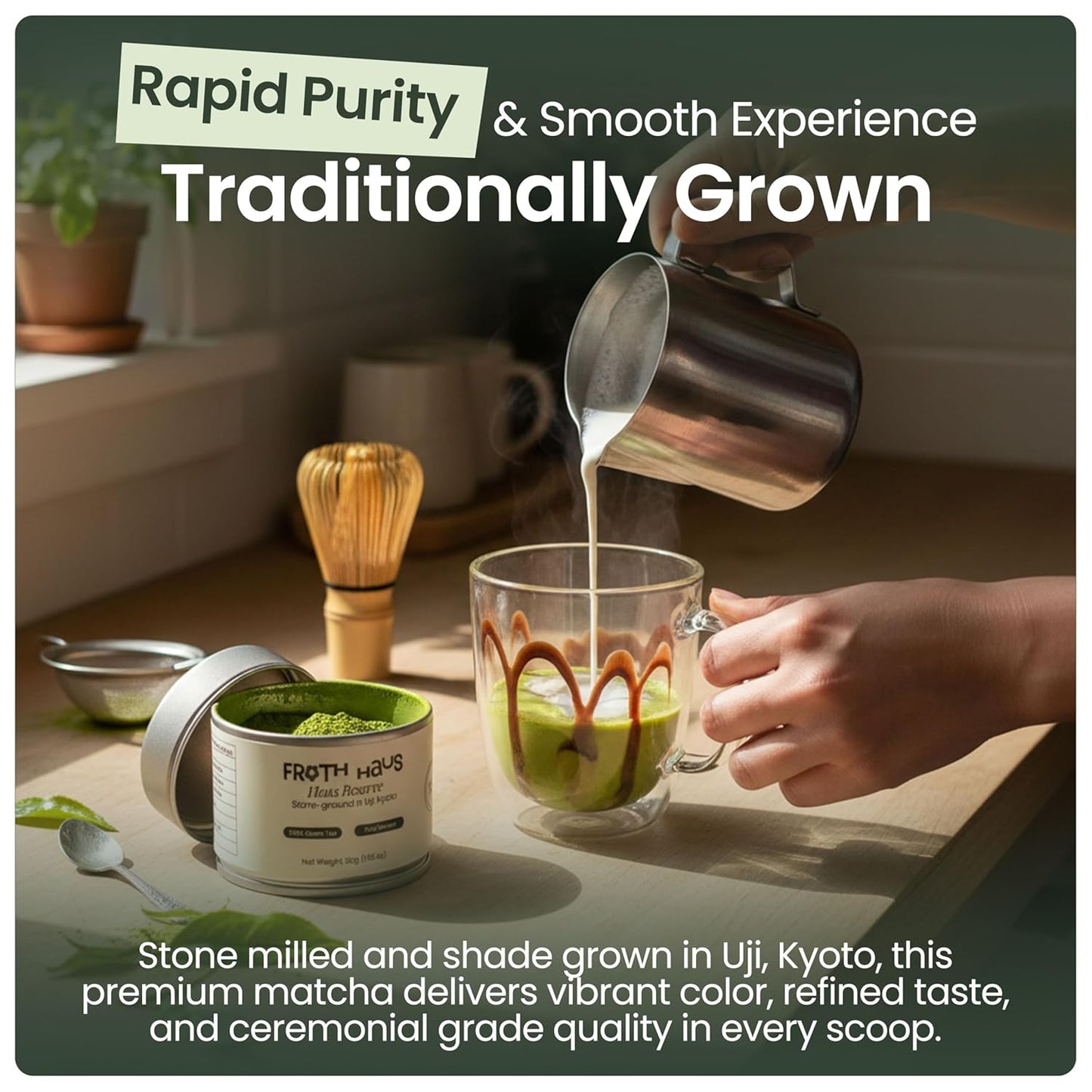 Froth Haus Premium Reserve Authentic Japanese First Harvest Ceremonial Grade Matcha Green Tea Powder, Pure Organc Grown in Uji, Kyoto
