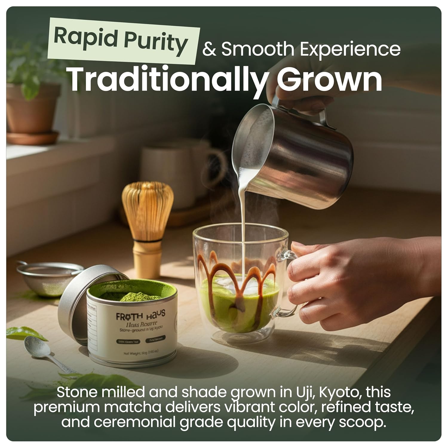 Froth Haus Premium Reserve Authentic Japanese First Harvest Ceremonial Grade Matcha Green Tea Powder, Pure Organc Grown in Uji, Kyoto