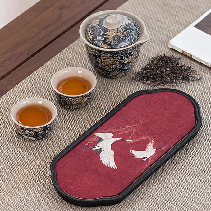 Elegant Absorbent Tea Tray – Vintage Handcrafted Gongfu Tea Table with Crane & Nature-Inspired Patterns, Tea Serving Tray