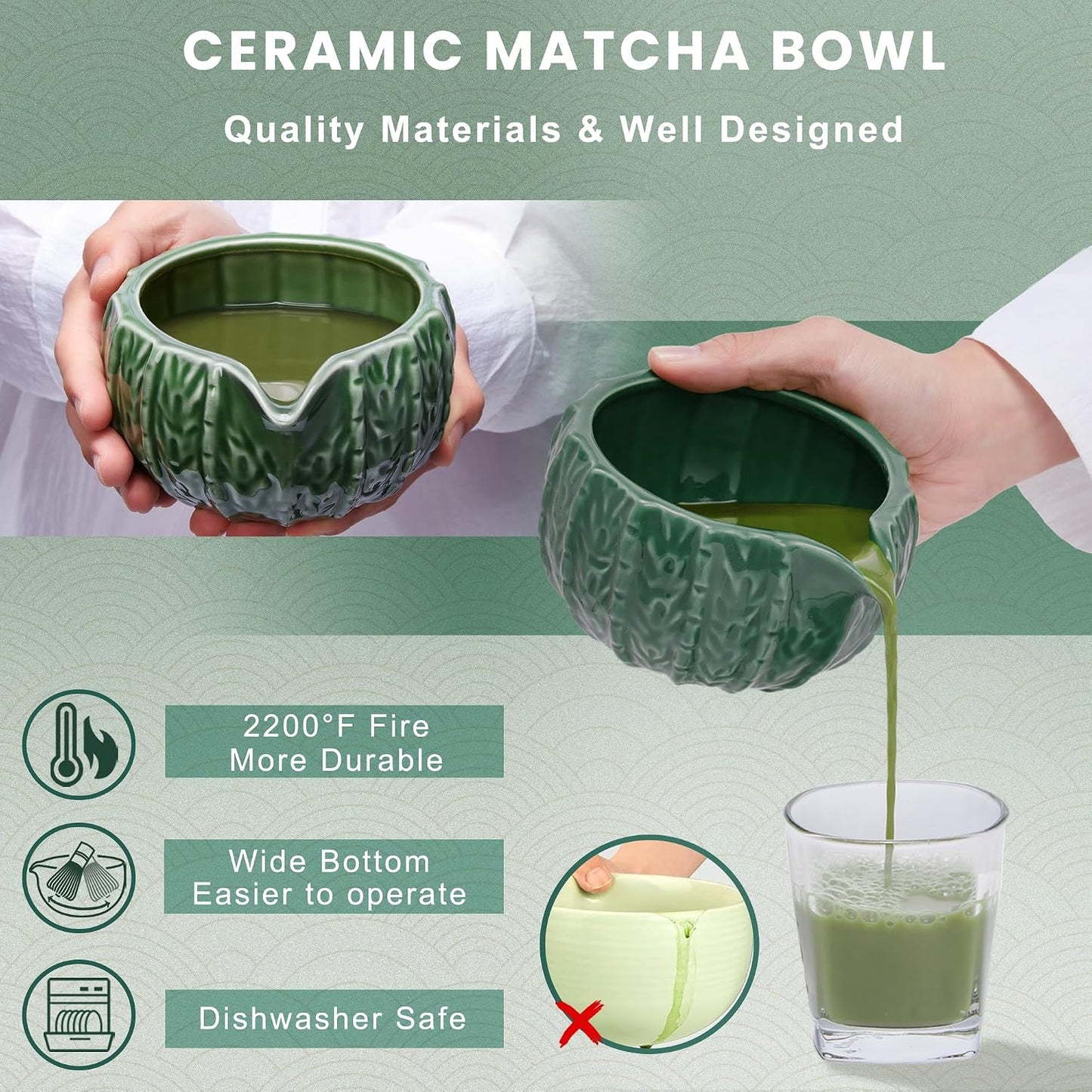 6-Piece Matcha Set, Matcha Whisk (Chasen) &amp; Holder, Matcha Bowl with Spout, Sifter &amp; Spoon, Bamboo &amp; Ceramic, Dark Green