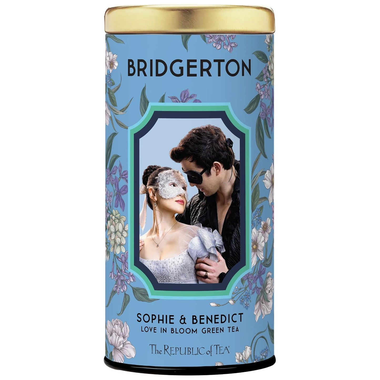 The Republic of Tea Bridgerton Sophie &amp; Benedict Love in Bloom Green Tea | Low Caffeine. 36 Count. A gentle cup for everyday sipping. Fresh with light vegetal notes. Gluten Free.