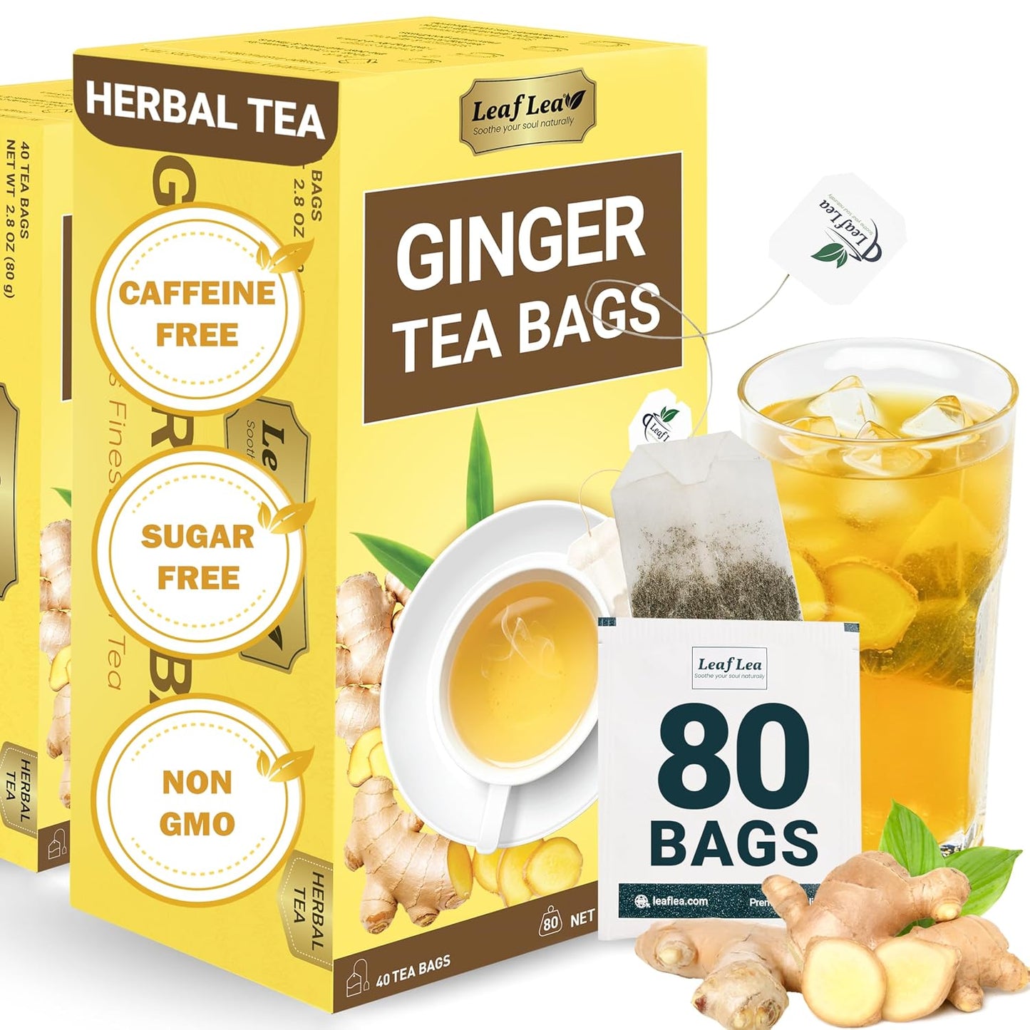 LeafLea Ginger Root Tea Bags, Real Ginger Herbal Tea, 80 Count | Warming Spicy-Sweet Brew, Individually Foil-Wrapped, Supports Digestion &amp; Immunity, Caffeine-Free, Non-GMO