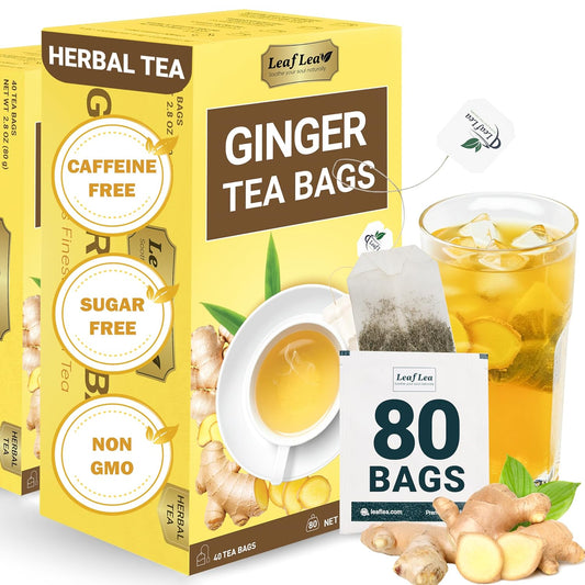 LeafLea Ginger Root Tea Bags, Real Ginger Herbal Tea, 80 Count | Warming Spicy-Sweet Brew, Individually Foil-Wrapped, Supports Digestion &amp; Immunity, Caffeine-Free, Non-GMO